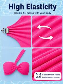 HOTTIE HABIT Pink Waffle Textured Ruched Twisted One Shoulder Bikini Top & Side Drawstring Ruffle Mini Skirt 2pcs Set, Textured Swimwear Cover-Up Outfit For Summer Beach Pool Vacation - Pink - View 6