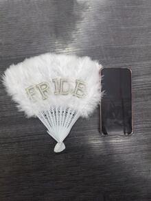 1pc White Feather Hand Fan With Rhinestone "Bride" Letter, Wedding Party Photography Prop Decoration - View 6