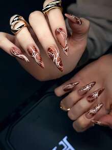 24-Piece Fall/Winter Brown-Beige Gradient Hand-Painted White Thorn Acrylic Press-On Nails For Women, Students, Friends-Perfect For Everyday Wear, Commuting, Dates, And Photo Shoots - Multicolor - View 1