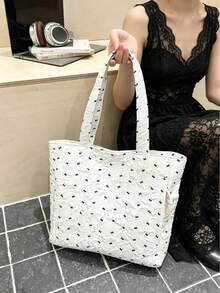 Bolso Tote de Tela de Gran Capacidad para Mujer, Bolso de Hombro con Forma de Barril de Algodón Grueso Estampado, Adecuado para Compras, Viajes, Campus y Reuniones - Blanco - Ver 3
