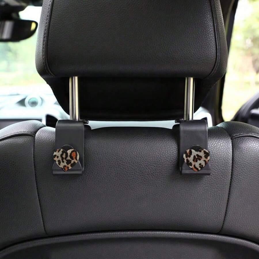2pcs Heart Leopard Print Small Heart Storage Car Seat Hanging Hooks Hidden Backrest Hooks Multi-Functional Creative Small Hooks - A - View 1