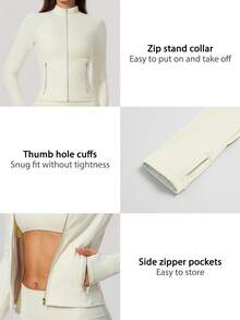 TimeOff Women's 1pc Solid Color Stand Collar Zip-Up Jacket With Side Pockets And Thumb Holes, Autumn/Winter - White - View 4