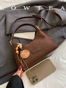 low tea 1pc Minimalist Fashion Suede Fabric Handbag With Adjustable Shoulder Strap, Suitable For Commuting, Shopping, Etc. (With Pendant) - Coffee - View 4