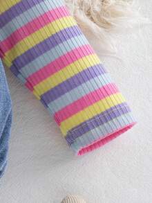 Autumn/Winter Baby Girl Cute Macaron Colorful Striped Bodysuit & Playful Floral Denim Overall Triangle Romper Outfit For Outings And Photos - Multicolor - View 8