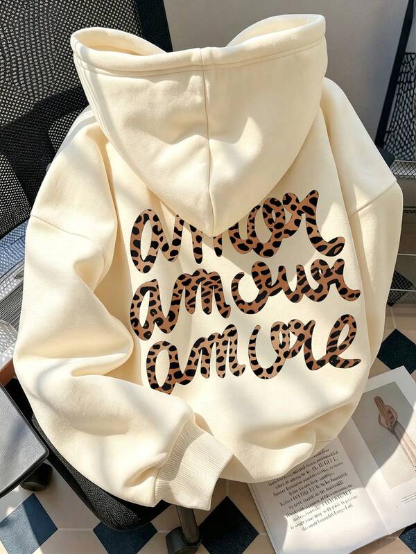 Women's Hooded Sweatshirt, Autumn/Winter New Leopard Print & Letter Graphic, Drawstring Design, With Pockets, Casual Versatile Loose Fit Top, Fall