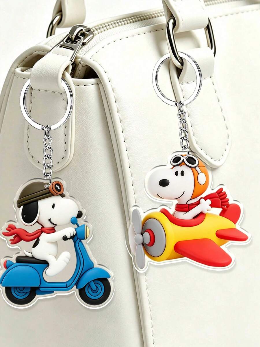 2pcs Classic Snoopy Pilot Keychain Set, Motorcycle & Airplane Theme Snoopy Keychains, Multi-Functional Car Key & Bag Charm Pendant, Casual Fashion Accessory & Holiday Gift - Multicolor - View 1