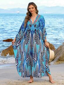 Women's Plus Friendly Printed Long Sleeve Kaftan Maxi Dress V Neck Side Slit Caftan Autumn Winter - Blue - View 8