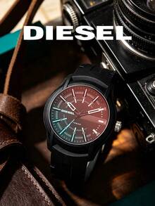Diesel Armbar Series DZ1819 Men's Quartz Watch, Polarized Colorful Mirror Dial, 45mm Large Dial, Black Silicone Strap - Red Gradient - View 3