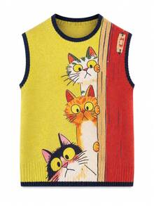 Rompi Rajut Motif Kucing Bohemian untuk Wanita, Atasan Rajut Tanpa Lengan Leher Bulat, Elastisitas Sedang, Pakaian Musim Gugur untuk Wanita, Pilihan untuk Keluar Malam di Musim Gugur - Kuning - View 8