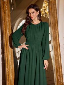 Volly Toych Elegant Long Sleeves Chiffon Maxi Bridesmaid Dress, Sleeves Without Lining, With Ruched Bust Scoop Neck For Special Occasions, Perfect For Events - Dark Green - View 4