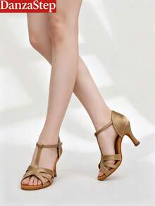 Women's Latin Dance Shoes T-Strap Hollow Open Toe Salsa Ballroom High Heel Shoes - Beige - View 1