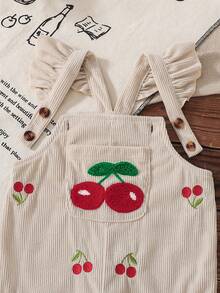 Baby Girl Autumn/Winter Corduroy Overalls Beige Cherry Embroidery Jumpsuit Cute 1pc - Apricot - View 6