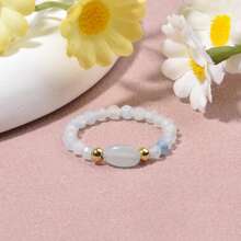 1pc Bohemian Style 3mm Natural Stone Rose Quartz Aquamarine Sparkling Faceted Round & Irregular Beads Elastic String Ring, Minimalist Elegant Beaded Ring For Women Stacking, Friendship Memorial Gift - Multicolor - View 8
