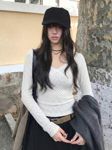女款法式蕾絲波點飾邊V領長袖修身顯瘦簡約性感打底上衣，春季 - 白色 - 查看 1