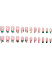 24 Peças Unhas Postiças Vintage Street Românticas Minimalistas Casuais Moda Moderna Brilhantes Verde & Dourado Geométricas Color Block Francês, Adesivos de Unhas Formato Amêndoa Médio, Adicionando um Toque de Charme Romântico à sua Manicure. Estes Adesivos de Unhas são Adequados para Compras de Inverno e Vida Diária para Meninas e Mulheres Elegantes e Delicadas. - Multicolorido - Visão 3