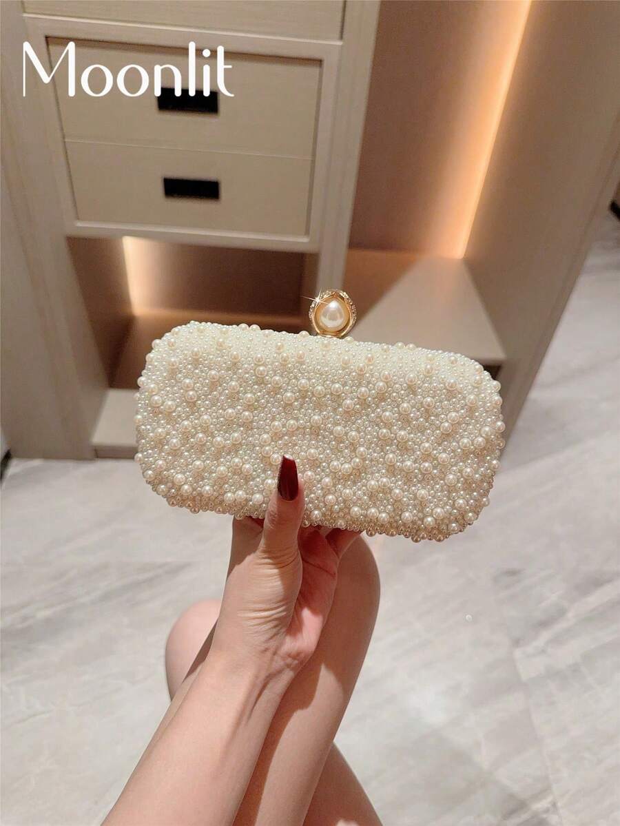 Bolso de caja decorado con perlas falsas y correa de cadena - Blanco - Ver 1