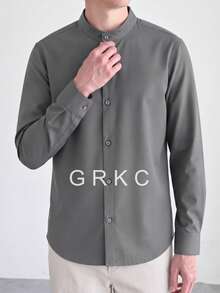GRKC 男士通勤立領長袖梭織襯衫，極簡成熟風格，適合春/秋/冬 - 灰色 - 查看 3