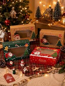 4pcs/12pcs/24pcs Christmas Window Gift Box Set, Xmas Santa Tree Kraft Treat Box With Transparent Window, Holiday Square Present Box,4 Designs Party Favor - View 3