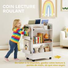 Kinderboekenkast op wielen, opbergruimte voor kinderboeken van 3 tot 8 jaar met krijtbord, 66,5 x 32,5 x 86,5 cm, wit - A - Bekijken 7