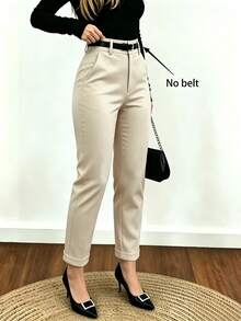 Women's Commuter Solid Color Casual High Waist Ankle Tapered Pants [No Belt] - Apricot - View 6