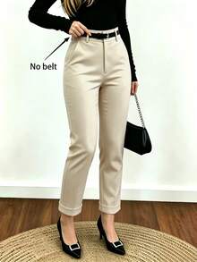 Women's Commuter Solid Color Casual High Waist Ankle Tapered Pants [No Belt] - Apricot - View 5