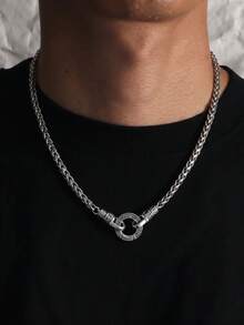 1pc Men's Chain Necklace Fashion Personalized Vintage Geometric Text Embossed Round Ring Chain Necklace, Daily Party Matching - Antique Silver - View 1
