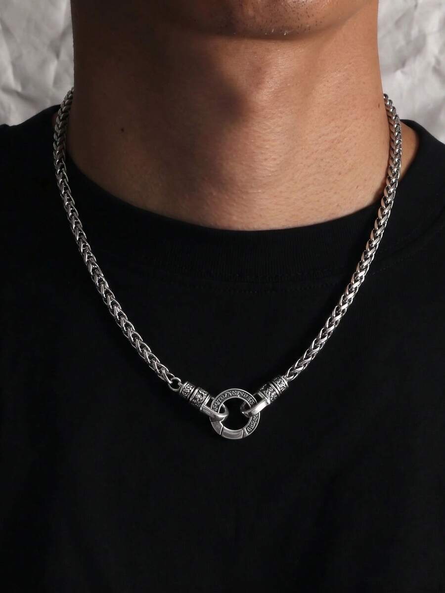 1pc Men's Chain Necklace Fashion Personalized Vintage Geometric Text Embossed Round Ring Chain Necklace, Daily Party Matching - Antique Silver - View 1