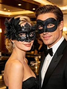 2pcs/Set Couple Masquerade Ball Mask Set, Mysterious Dance Venetian Halloween Decorative Mask With Glitter Side Flower Ball Party Halloween Props - Multicolor - View 1