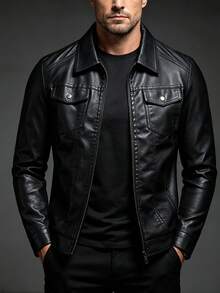 Men's PU Leather Casual Jacket, Lapel Collar, Black, Riding Motorcycle Jacket, Heavy Motorcycle Jacket - Black - View 3