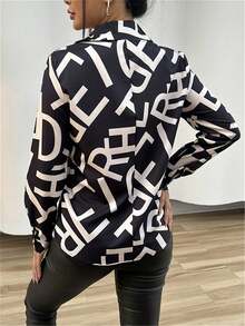 Women's Plus Size Woven Button-Down Shirt, Long Sleeve Collared Non-Stretch Top With Bold Letter Print Vacation - Black - View 2