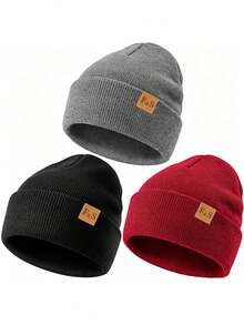 3pcs/1pc Unisex F&S Patch Knit Beanie,Solid Color Cuffed Winter Warm Skull Cap For Daily Outdoor Street Wear,Travel - Multicolor - View 3