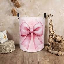 1pc Soft Pink Watercolor Bow Print Foldable Laundry Basket With Handles, Large Capacity Storage Bin For Bedroom Clothes Toys Organizer, Cute Home Storage Container - Pink - View 4