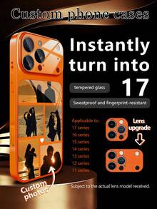1pc Customized 5-Photo Family/Couple Orange Luxury Fashion Large Window Tempered Glass Phone Case With Lens Protection, Matte Anti-Drop Full Coverage Premium Protective Cover For IPhone 17/17Pro/17ProMax/17Air/16/16Pro/16ProMax/16Plus/15/15Plus/15Pro/15ProMax/14/14Plus/14Pro/14ProMax/13/13Pro/13ProMax/12/11 - Orange - View 7