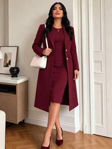 Women's Elegant 2-Piece Set, Solid Color Long Sleeve Cardigan Jacket + Sleeveless Midi Dress, Suitable For Spring, Autumn And Winter - Burgundy - View 6