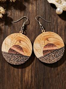 1 Pair Vintage Sunset Landscape Round Wooden Ear Hooks, Western Style Patchwork Wood Grain Distant Mountain Sunset Earrings - Multicolor - View 4