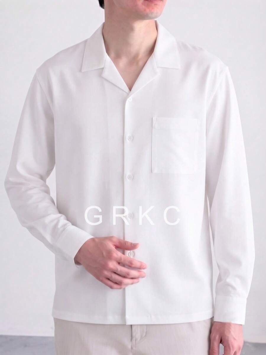 GRKC 男士領長袖梭織寬鬆休閒鈕扣襯衫,秋冬款 - 白色 - 查看 1
