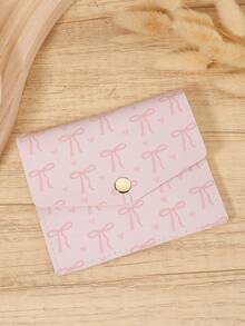 New Fashionable Bow Printed Short Card Wallet, Foldable Flip Button With Multiple Card Slots For Outdoor Card Storage, Suitable For Commuting - Pink - View 3