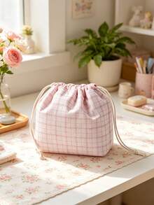 1pc Women's Cute Plaid Makeup Storage Bag, Lightweight Drawstring Cosmetic Bag, Portable Travel Toiletry Organizer For Daily Commute And Vacation - Multicolor - View 6