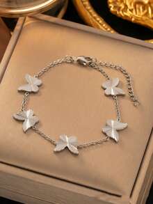 VceTd 1PC Romantic Cute Style Stainless Steel Chain Bracelet With Flower And Butterfly Pendant Design, Suitable For Women's Daily Wear, Dating Or Holiday Gift - RT149SL - View 3