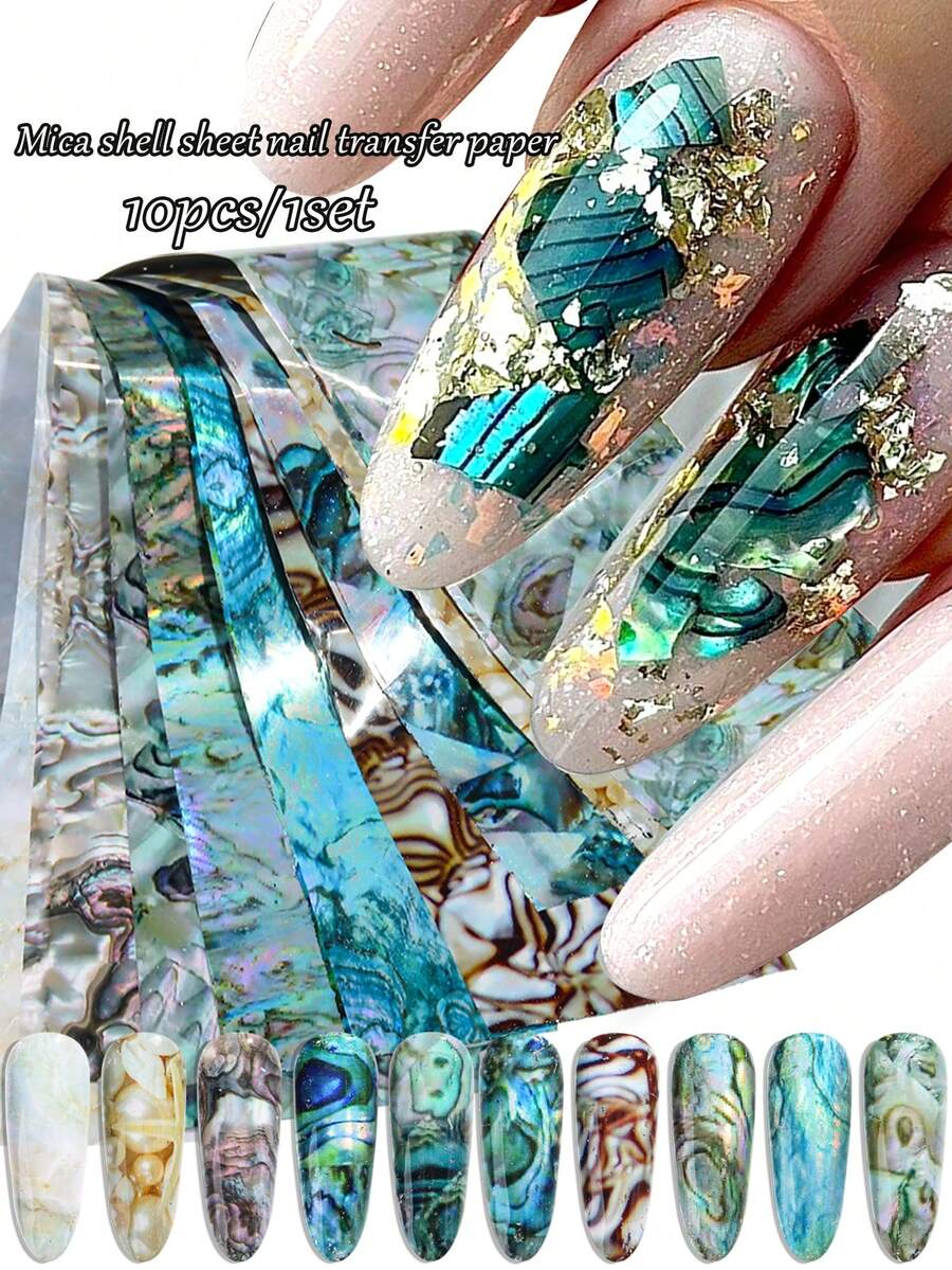 10pcs/Set Abalone Shell Nail Foil Transfer Stickers, Marble Pearl Shell Nail Decals, Blue-Green Swirl Pattern Nail Foil, DIY Nail Art Decoration Accessories - Multicolor - View 1