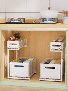 1pc Pull‑Out Dual‑Tier Under‑Sink Organizer, Sliding Cabinet Storage Drawer & Shelf, Multi‑Functional Cabinet Organizer For Kitchen & Bathroom, Space‑Saving Storage Holder For Spices, Pots, Pans, Bathroom Toiletries And Skincare Products - Multicolor - View 11