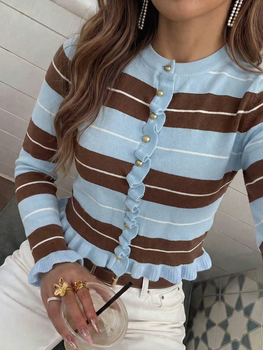 Women's Autumn/Winter Casual Elegant Blue Striped Contrast Color Metal Button Ruffle Knit Long Sleeve Cardigan Top, Back To School Sweater - Blue - View 1