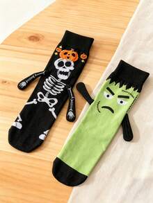 2 Pairs Random Style Women's Halloween 3D Arm Bone Mid-Calf Socks, Pumpkin Skull Monster Jacquard Fun Creative Holiday Party Cosplay Socks - Multicolor - View 8