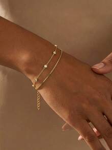 FAAABULS 1pc Minimalist Double Layer Gold Stacked Bracelet, Delicate Crystal Box Chain, Adjustable Women's Casual Wrist Accessory - Gold - View 1