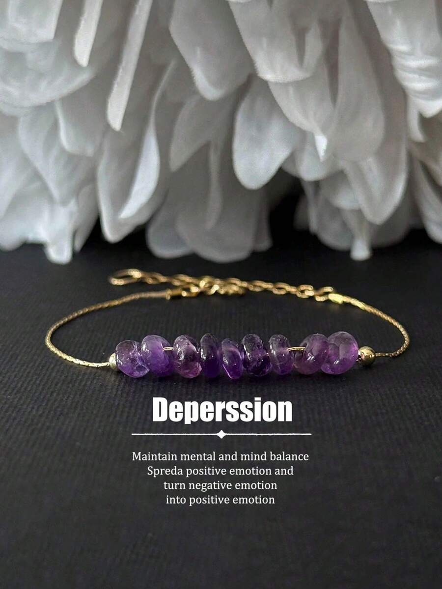 Natural Amethyst Chip Bracelet, Emotional Balance, Adjustable Thin Bracelet, Gold And Silver Colors, Symbolizing Good Luck And Prosperity. It Is A Perfect Daily Gift For Women. [Natural Stone Colors And Shapes May Vary] - Lilac Purple - View 1