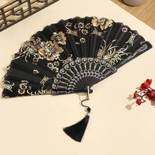 Black & Gold Foil Butterfly Rose Chinese Style Printed Folding Fan With Tassel, Handheld Fan For Evening Gown, Cheongsam, Hanfu, Runway Show, Each Fan Face Color, Pattern And Design Position May Vary Slightly - Multicolor - View 8