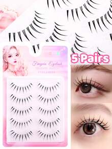 5 Pairs A-Type False Eyelashes, Japanese And Korean Delicate Style, Tapered Long Design Naturally Enhances Eye Shape, Creates 3D Big Eye Makeup Effect, Soft And Lightweight Fiber Bundles For Comfortable Fit, Easy And Quick DIY Application, Saves Makeup Time, Suitable For Beginners, Reusable, Ideal For Commute, Date, Travel, Party And Holiday Makeup, Perfect Gift For Best Friend And Girlfriend - Black - View 4