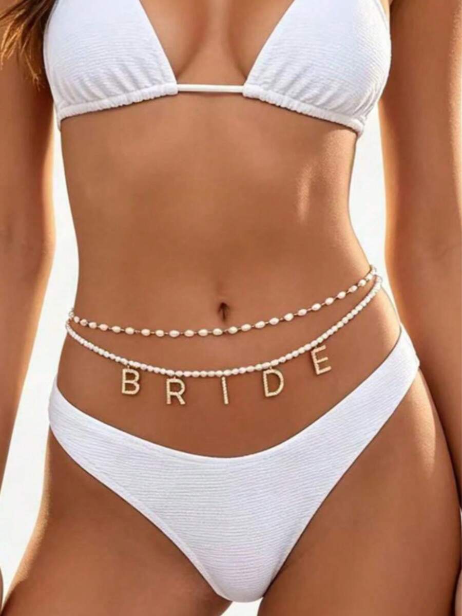 1pc Multi-Layer Letter Pearl Waist Belt, Summer Beach Vacation Bikini Accessory Jewelry, Adjustable Stackable, Bridal Bachelorette Party Wedding Beach Honeymoon Exclusive Accessory - White - View 1