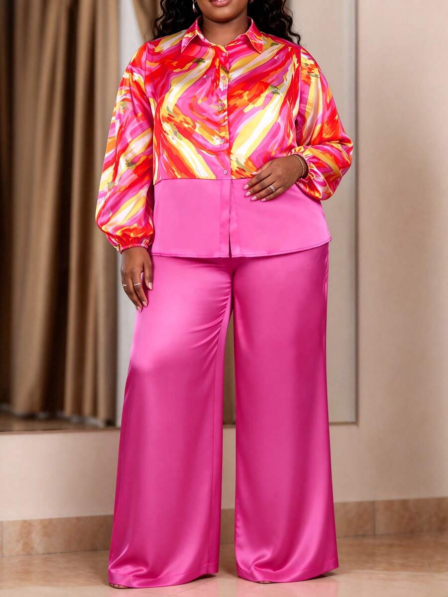 AOMEI Afro Fashion Plus Size Satin 2 Pieces Set Turn Down Collar Button Patchwork Printed Shirt Wide Leg Pants Office Work Church Casual Fall Outfit