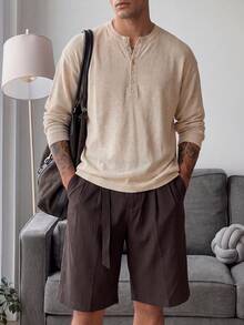 Men Autumn‑Winter Henley Neck Knit Sweater, Button Placket Long Sleeve Relaxed Jumper, Old Money Style For Holiday Festival Daily Wear - Apricot - View 7